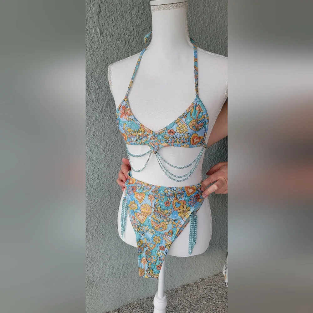 Rave After Rave Psychedelic Festival Bikini Set Small Chain Y2K Swim - Picture 1 of 5